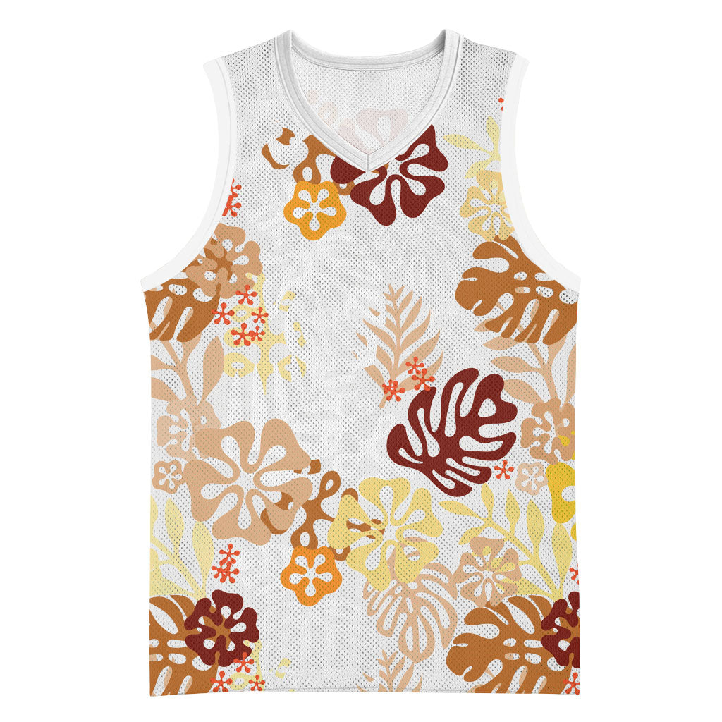Brown Aloha Hawaiian Basketball Jersey Monstera Hibiscus Tropical Pattern