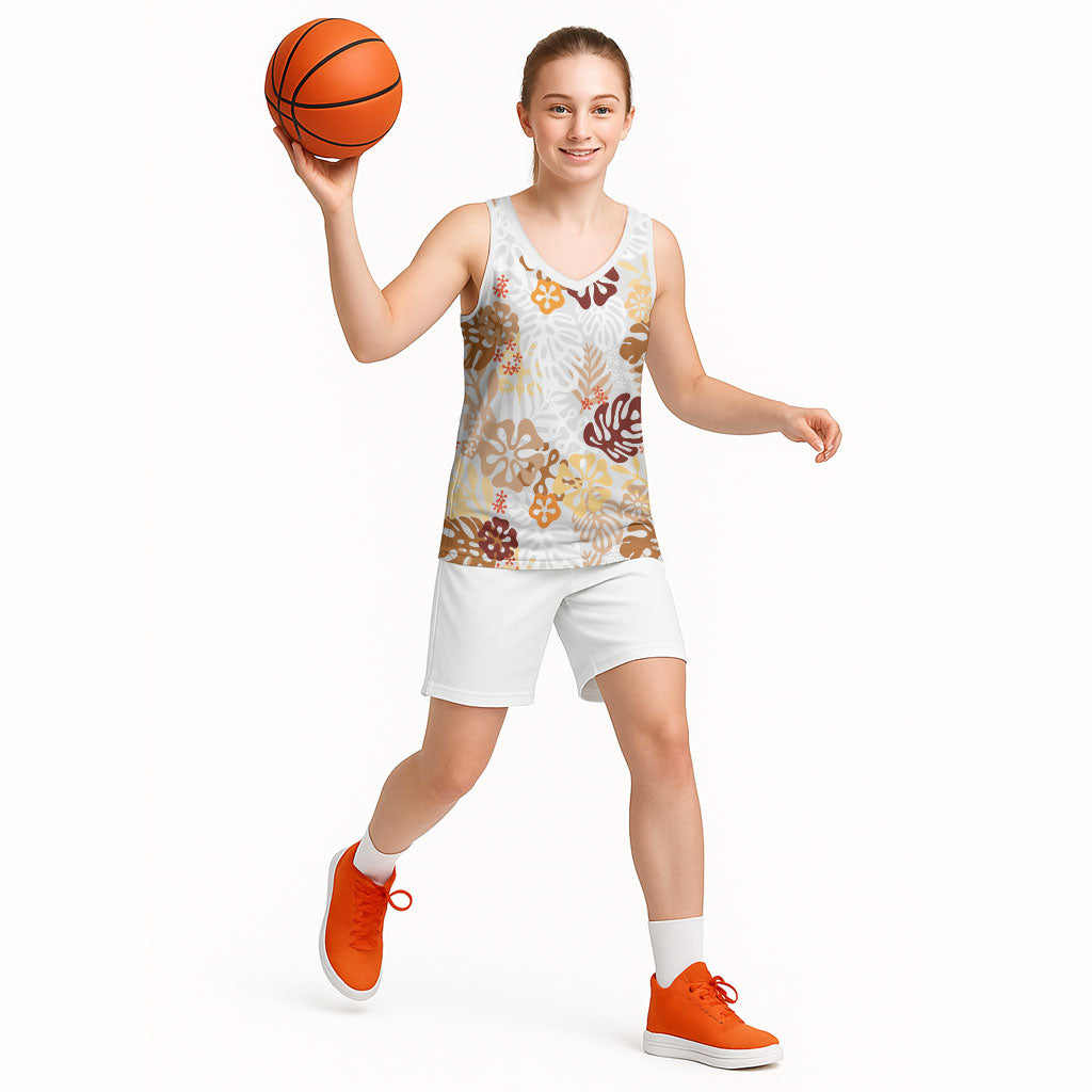 Brown Aloha Hawaiian Basketball Jersey Monstera Hibiscus Tropical Pattern