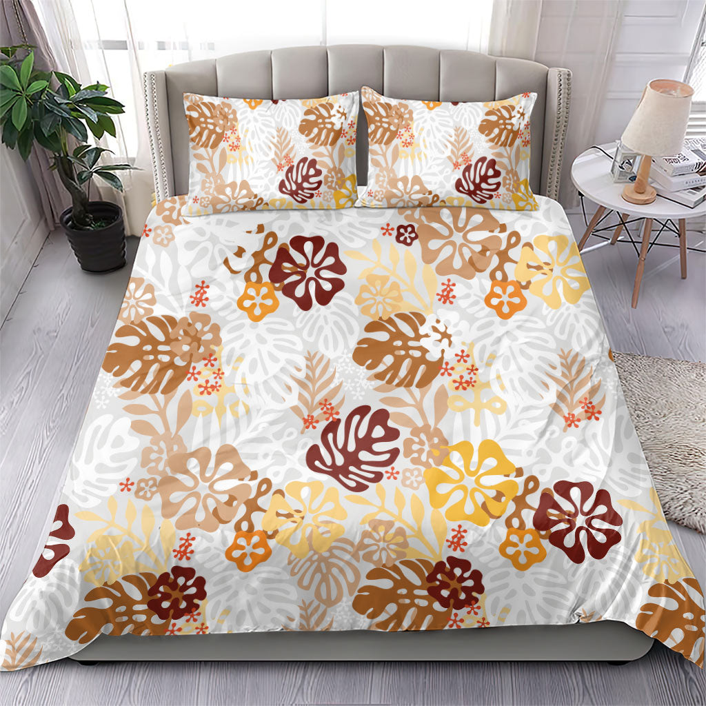 Brown Aloha Hawaiian Bedding Set Monstera Hibiscus Tropical Pattern