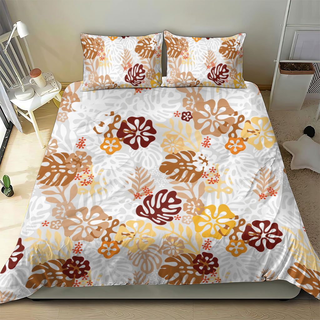 Brown Aloha Hawaiian Bedding Set Monstera Hibiscus Tropical Pattern