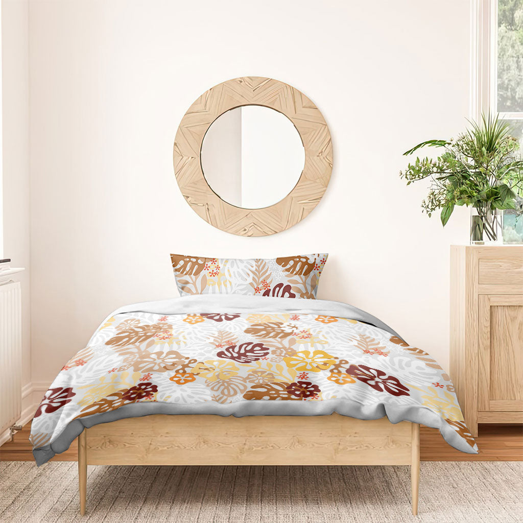 Brown Aloha Hawaiian Bedding Set Monstera Hibiscus Tropical Pattern