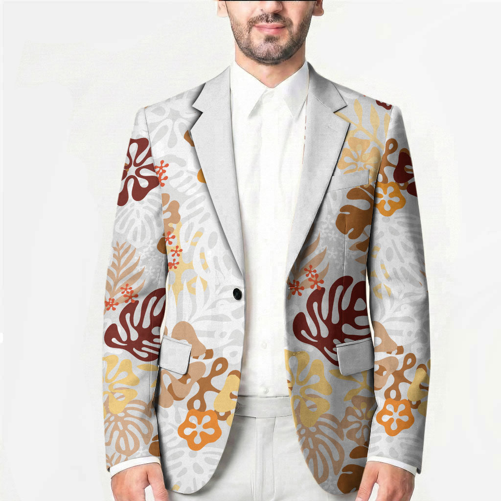 Brown Aloha Hawaiian Blazer Monstera Hibiscus Tropical Pattern