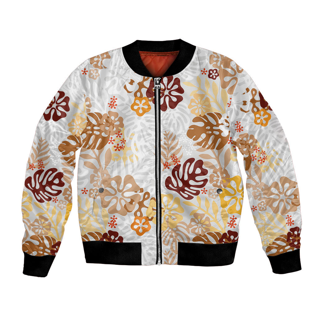 Brown Aloha Hawaiian Bomber Jacket Monstera Hibiscus Tropical Pattern