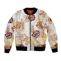 Brown Aloha Hawaiian Bomber Jacket Monstera Hibiscus Tropical Pattern