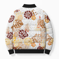 Brown Aloha Hawaiian Bomber Puffer Jacket Monstera Hibiscus Tropical Pattern