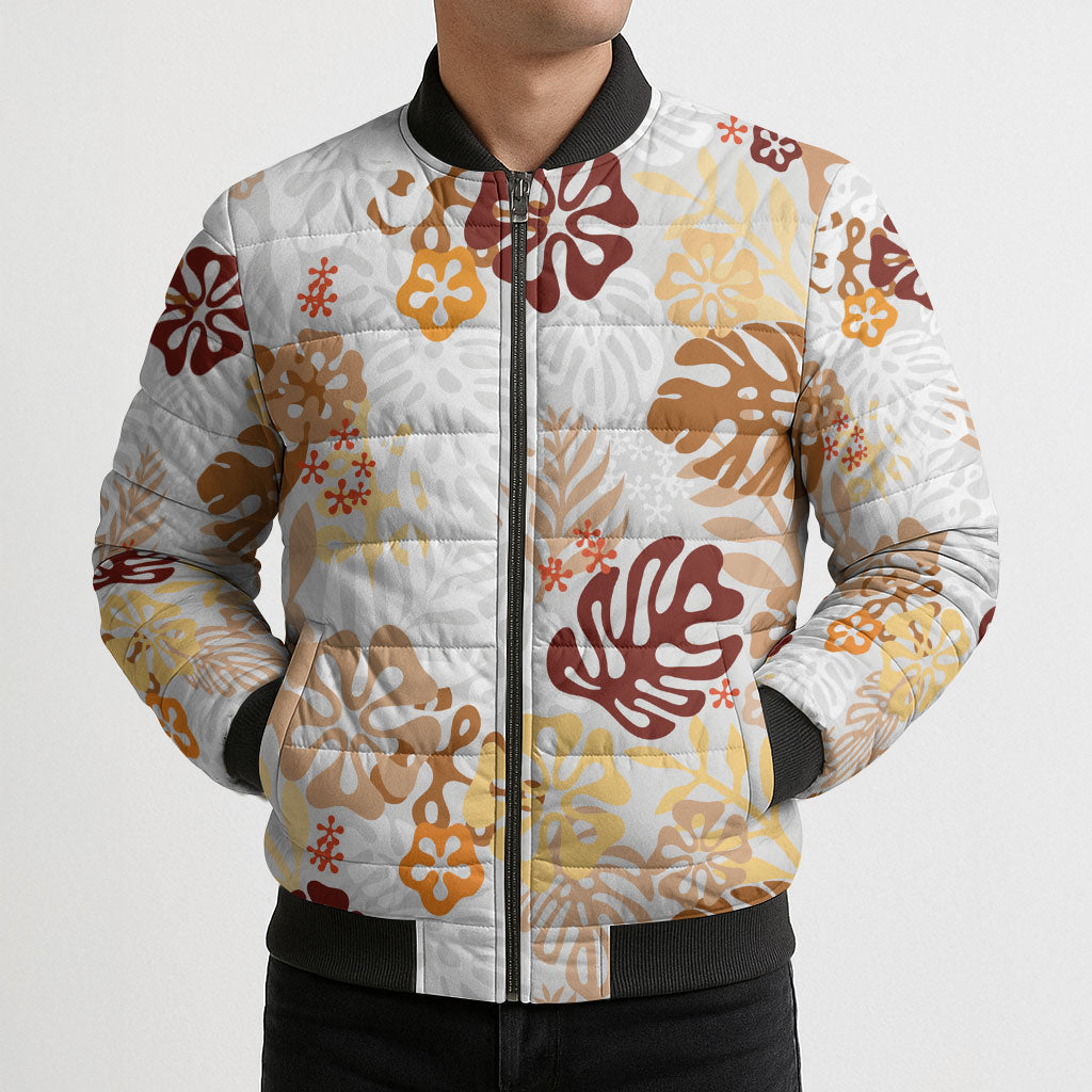 Brown Aloha Hawaiian Bomber Puffer Jacket Monstera Hibiscus Tropical Pattern