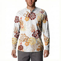 Brown Aloha Hawaiian Button Sweatshirt Monstera Hibiscus Tropical Pattern