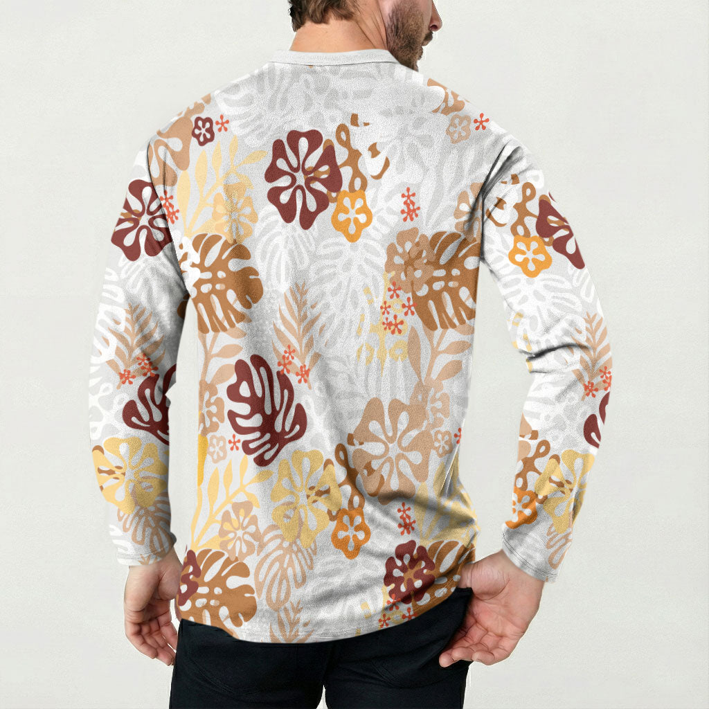 Brown Aloha Hawaiian Button Sweatshirt Monstera Hibiscus Tropical Pattern