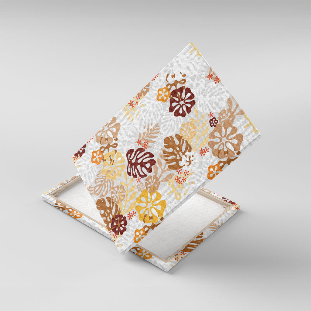 Brown Aloha Hawaiian Canvas Wall Art Monstera Hibiscus Tropical Pattern