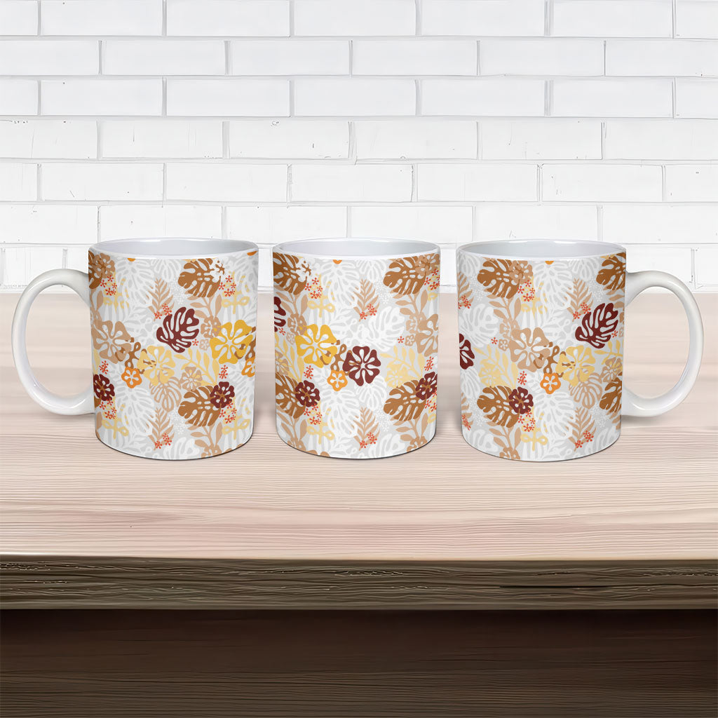 Brown Aloha Hawaiian Ceramic Mug Monstera Hibiscus Tropical Pattern
