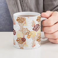 Brown Aloha Hawaiian Ceramic Mug Monstera Hibiscus Tropical Pattern