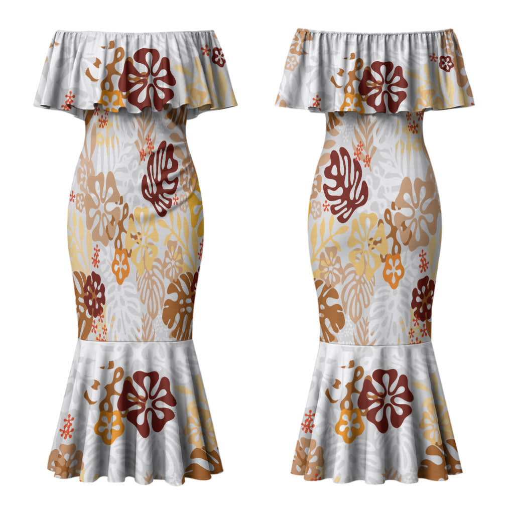 Brown Aloha Hawaiian Couples Matching Mermaid Dress and Long Sleeve Button Shirt Monstera Hibiscus Tropical Pattern