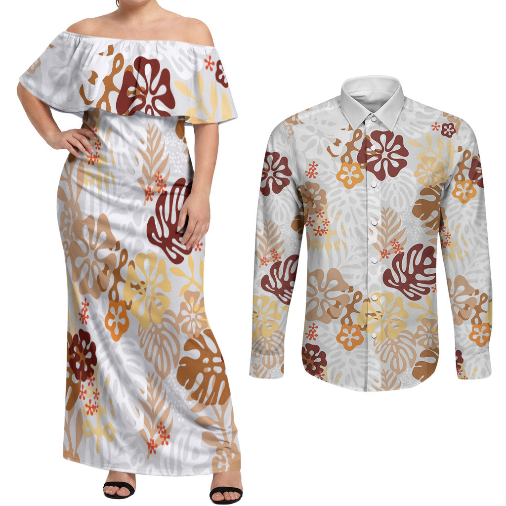 Brown Aloha Hawaiian Couples Matching Off Shoulder Maxi Dress and Long Sleeve Button Shirt Monstera Hibiscus Tropical Pattern
