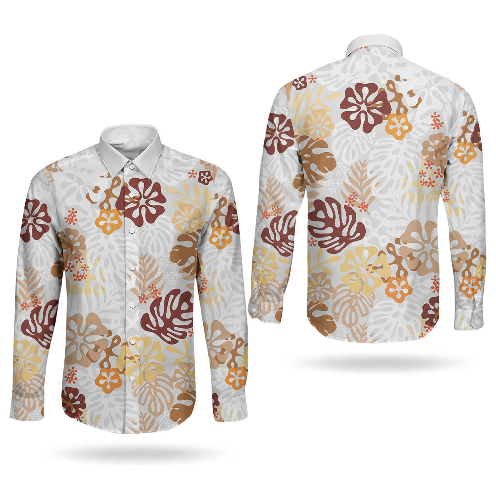 Brown Aloha Hawaiian Couples Matching Off Shoulder Short Dress and Long Sleeve Button Shirt Monstera Hibiscus Tropical Pattern
