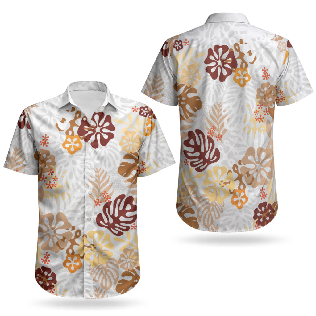 Brown Aloha Hawaiian Couples Matching Off The Shoulder Long Sleeve Dress and Hawaiian Shirt Monstera Hibiscus Tropical Pattern