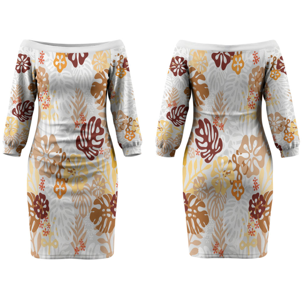 Brown Aloha Hawaiian Couples Matching Off The Shoulder Long Sleeve Dress and Hawaiian Shirt Monstera Hibiscus Tropical Pattern