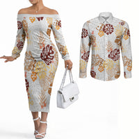 Brown Aloha Hawaiian Couples Matching Off The Shoulder Long Sleeve Dress and Long Sleeve Button Shirt Monstera Hibiscus Tropical Pattern