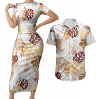 Brown Aloha Hawaiian Couples Matching Short Sleeve Bodycon Dress and Hawaiian Shirt Monstera Hibiscus Tropical Pattern