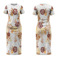 Brown Aloha Hawaiian Couples Matching Short Sleeve Bodycon Dress and Hawaiian Shirt Monstera Hibiscus Tropical Pattern