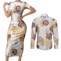Brown Aloha Hawaiian Couples Matching Short Sleeve Bodycon Dress and Long Sleeve Button Shirt Monstera Hibiscus Tropical Pattern