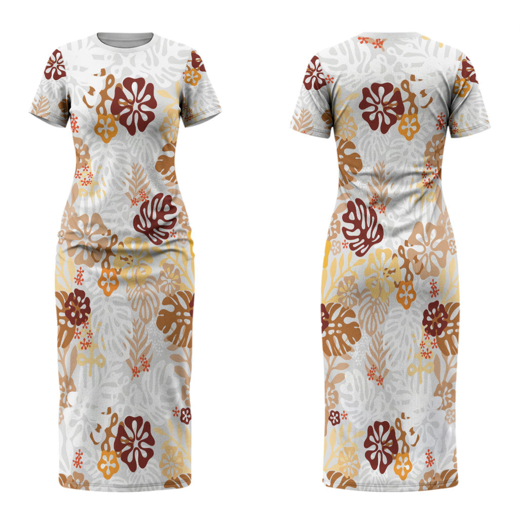 Brown Aloha Hawaiian Couples Matching Short Sleeve Bodycon Dress and Long Sleeve Button Shirt Monstera Hibiscus Tropical Pattern