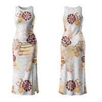 Brown Aloha Hawaiian Couples Matching Tank Maxi Dress and Long Sleeve Button Shirt Monstera Hibiscus Tropical Pattern