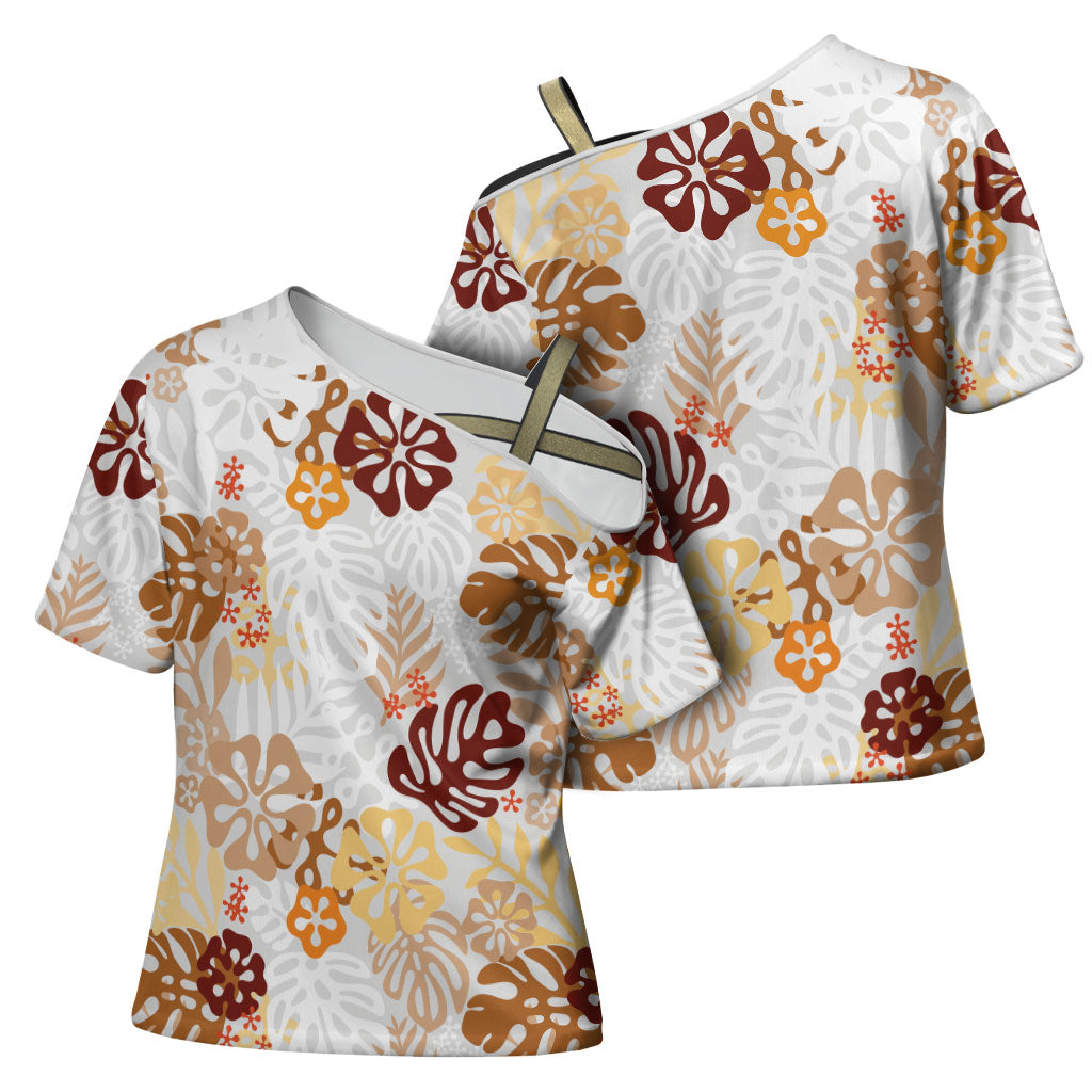 Brown Aloha Hawaiian Cross Shoulder Shirt Monstera Hibiscus Tropical Pattern