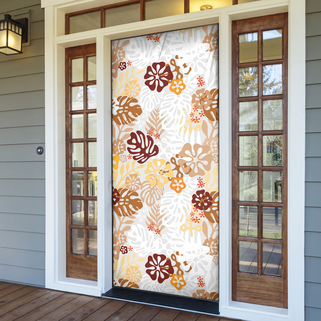Brown Aloha Hawaiian Door Cover Monstera Hibiscus Tropical Pattern