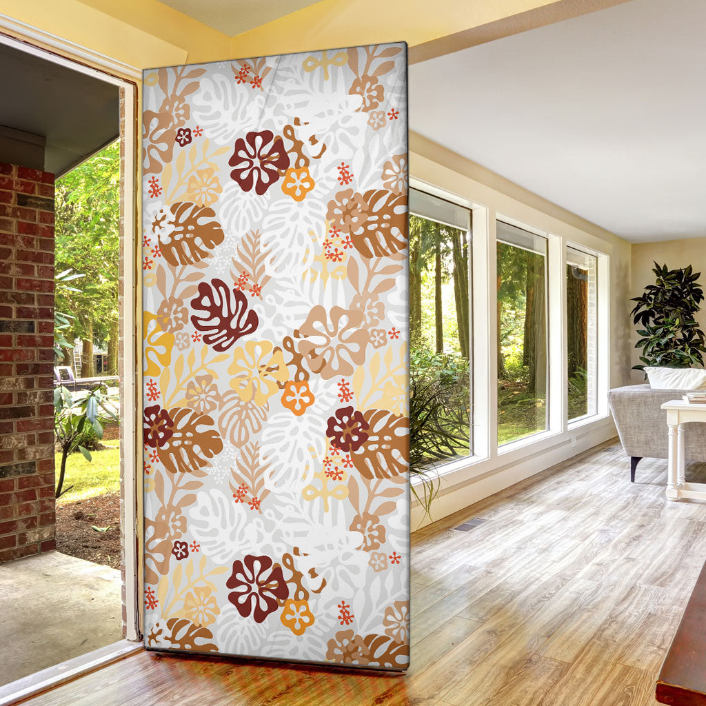 Brown Aloha Hawaiian Door Cover Monstera Hibiscus Tropical Pattern