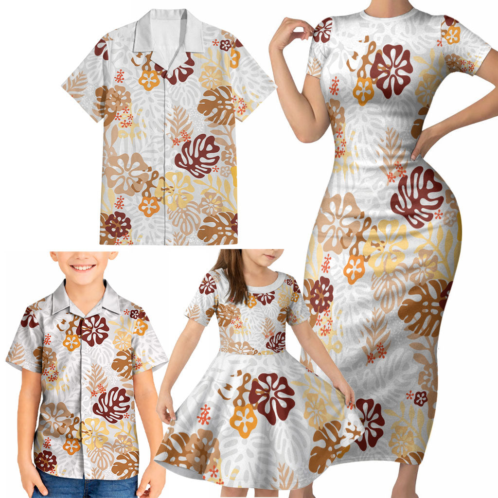 Brown Aloha Hawaiian Family Matching Short Sleeve Bodycon Dress and Hawaiian Shirt Monstera Hibiscus Tropical Pattern