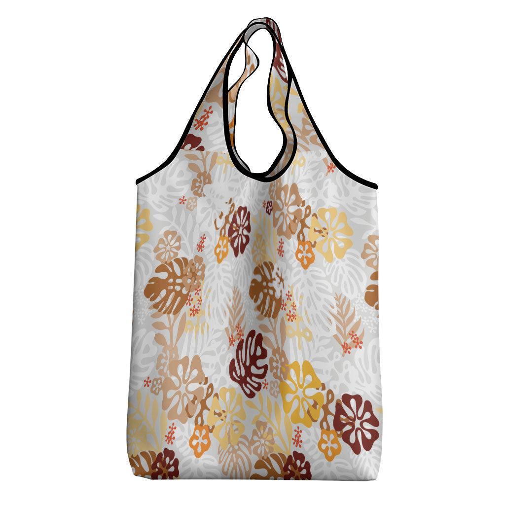 Brown Aloha Hawaiian Grocery Bag Monstera Hibiscus Tropical Pattern