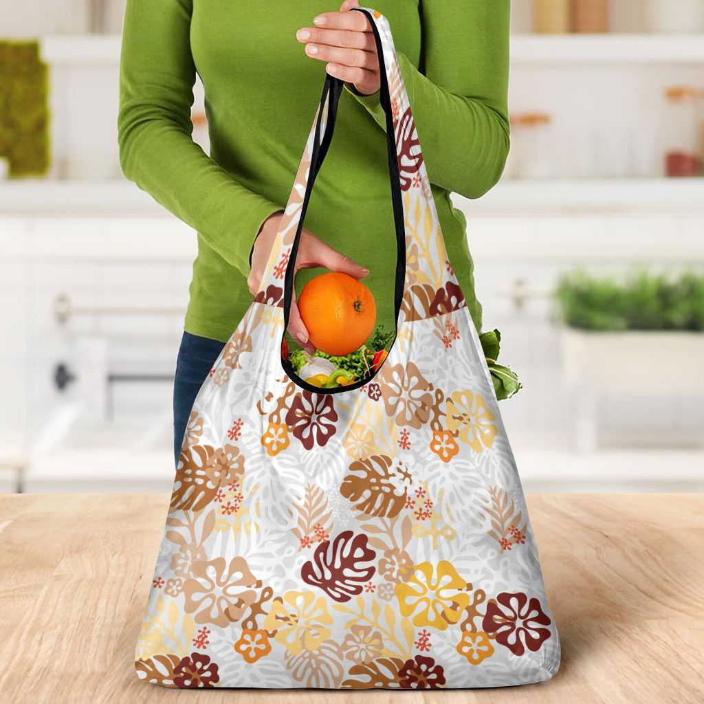 Brown Aloha Hawaiian Grocery Bag Monstera Hibiscus Tropical Pattern