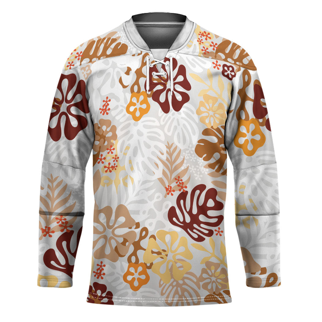 Brown Aloha Hawaiian Hockey Jersey Monstera Hibiscus Tropical Pattern