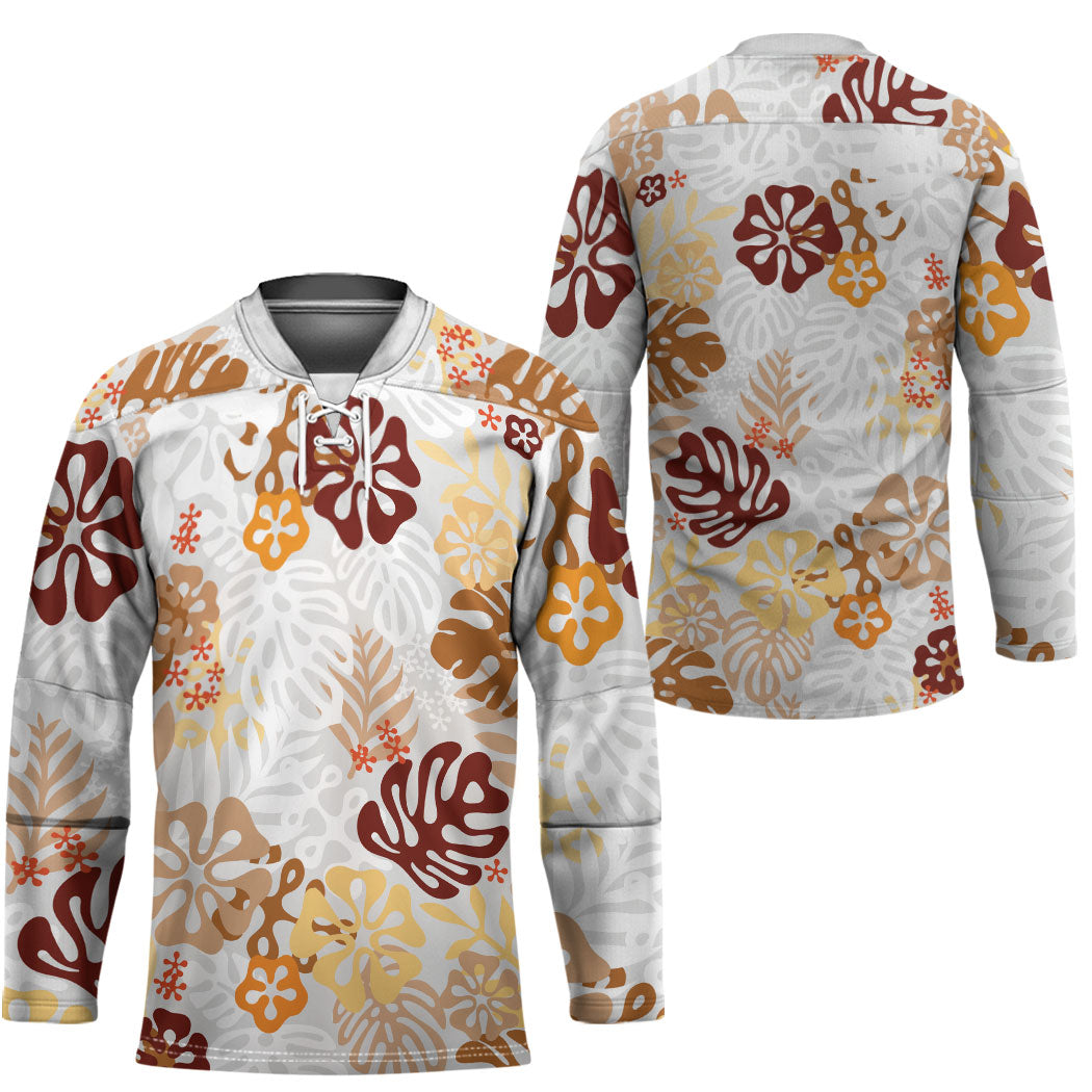 Brown Aloha Hawaiian Hockey Jersey Monstera Hibiscus Tropical Pattern