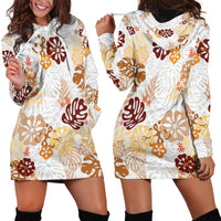Brown Aloha Hawaiian Hoodie Dress Monstera Hibiscus Tropical Pattern