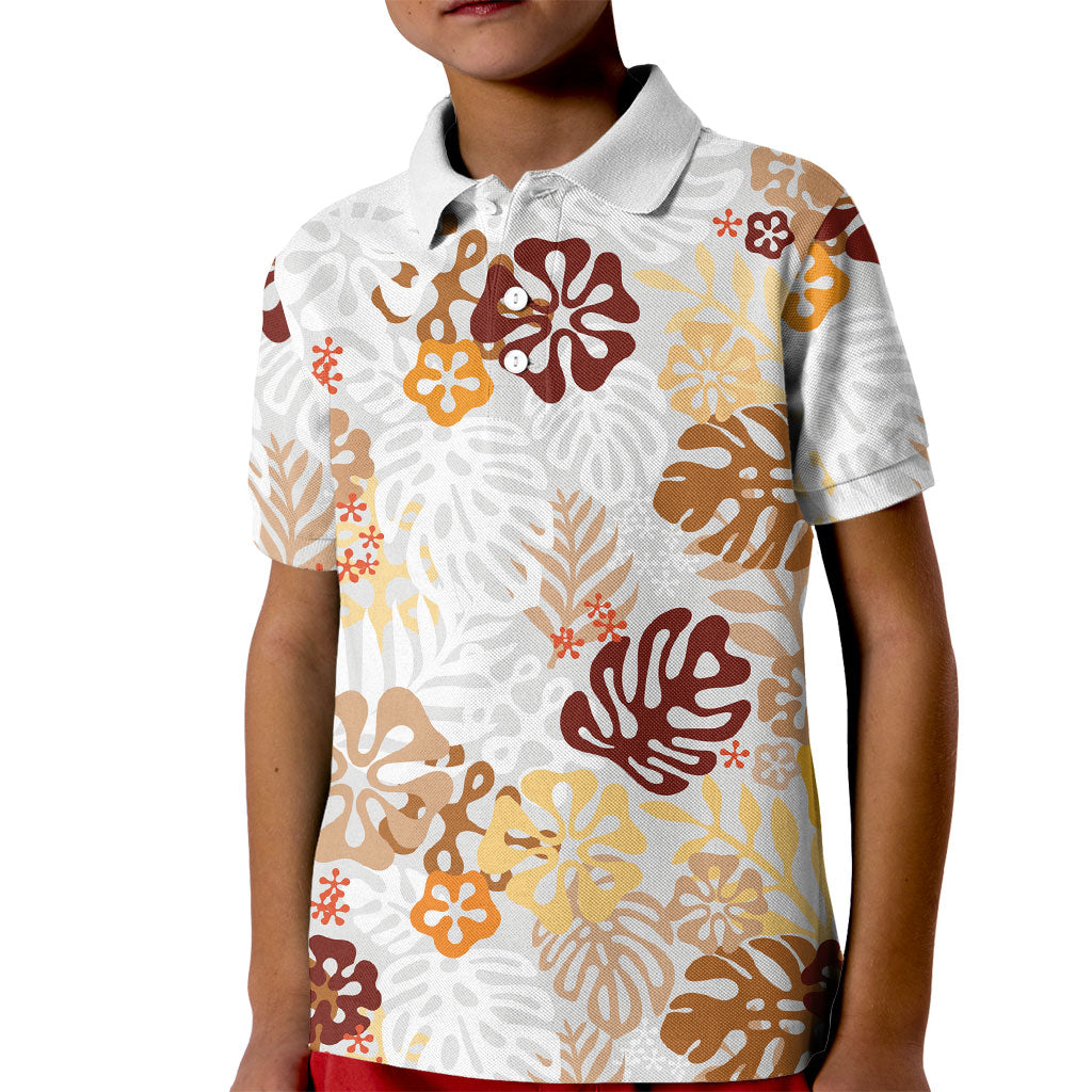 Brown Aloha Hawaiian Kid Polo Shirt Monstera Hibiscus Tropical Pattern
