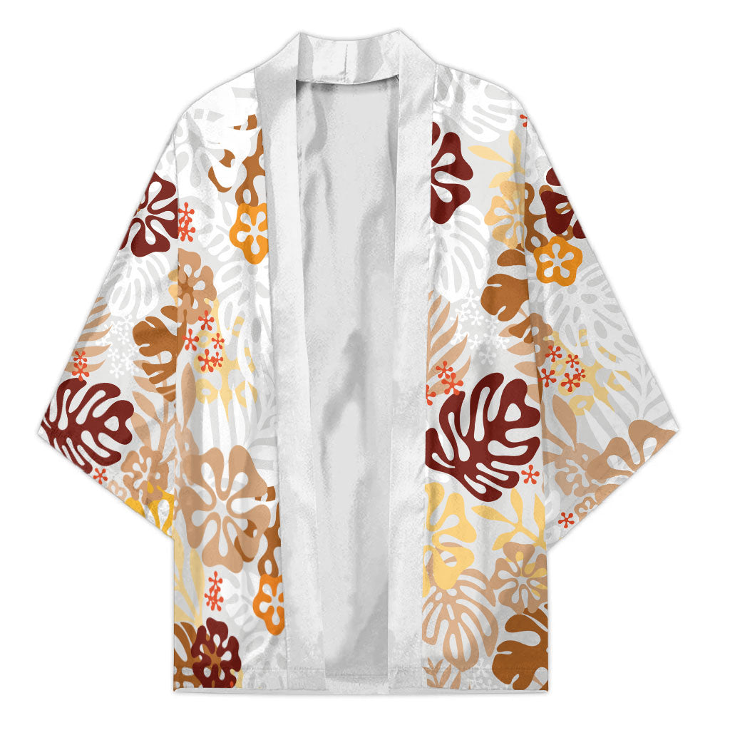 Brown Aloha Hawaiian Kimono Monstera Hibiscus Tropical Pattern