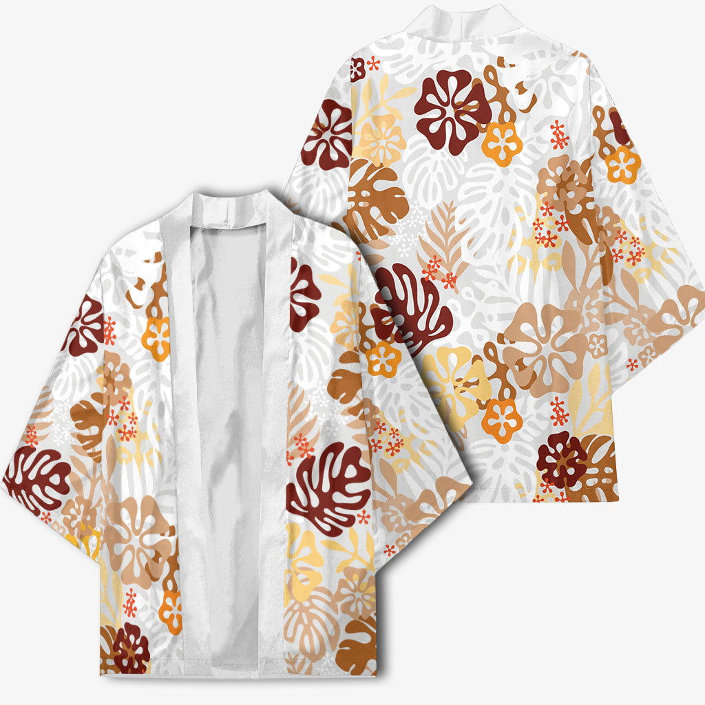 Brown Aloha Hawaiian Kimono Monstera Hibiscus Tropical Pattern