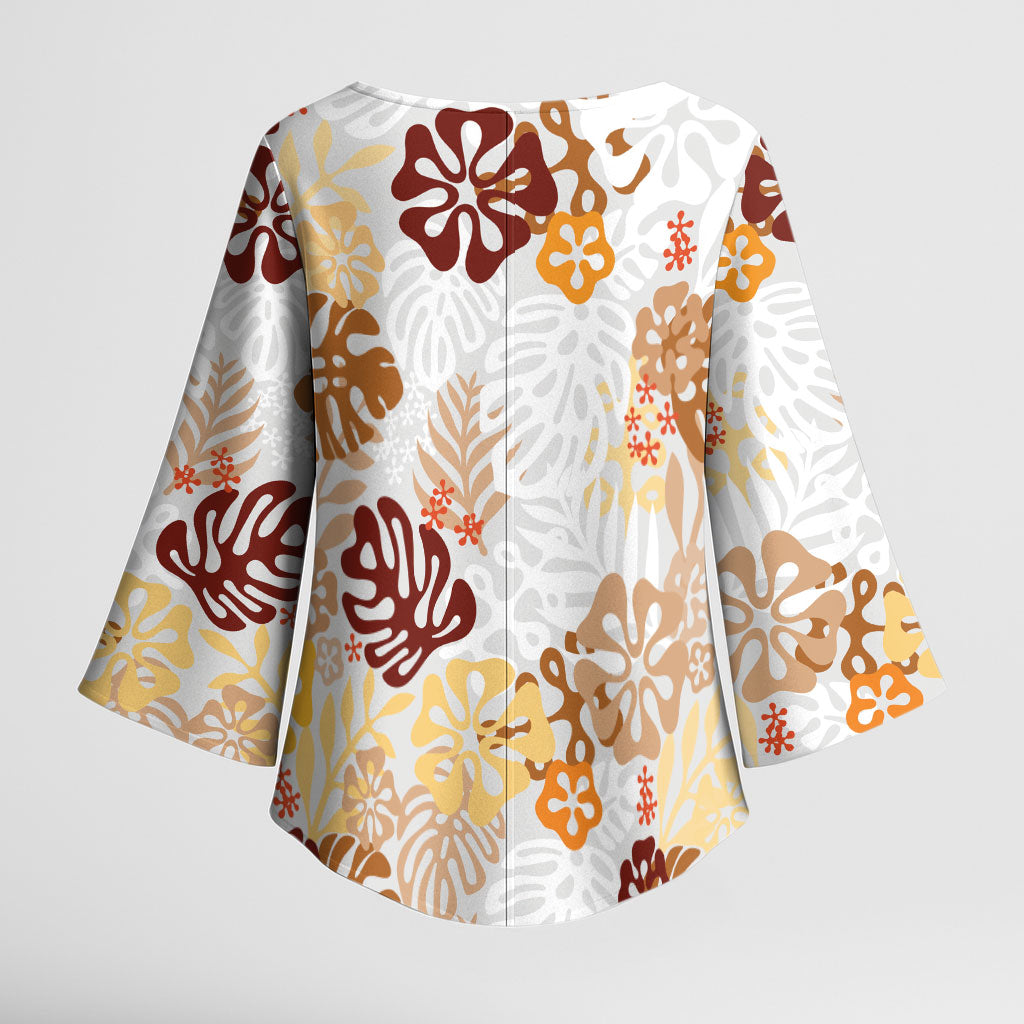 Brown Aloha Hawaiian Kimono Sleeve Blouse Monstera Hibiscus Tropical Pattern