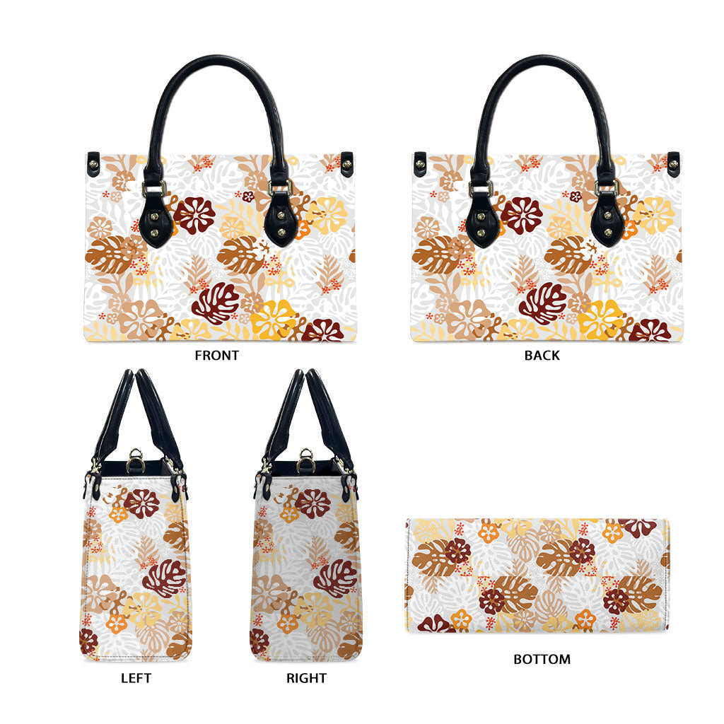 Brown Aloha Hawaiian Leather Bag Monstera Hibiscus Tropical Pattern