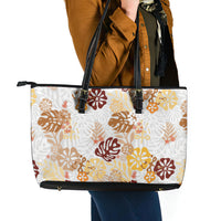 Brown Aloha Hawaiian Leather Tote Bag Monstera Hibiscus Tropical Pattern
