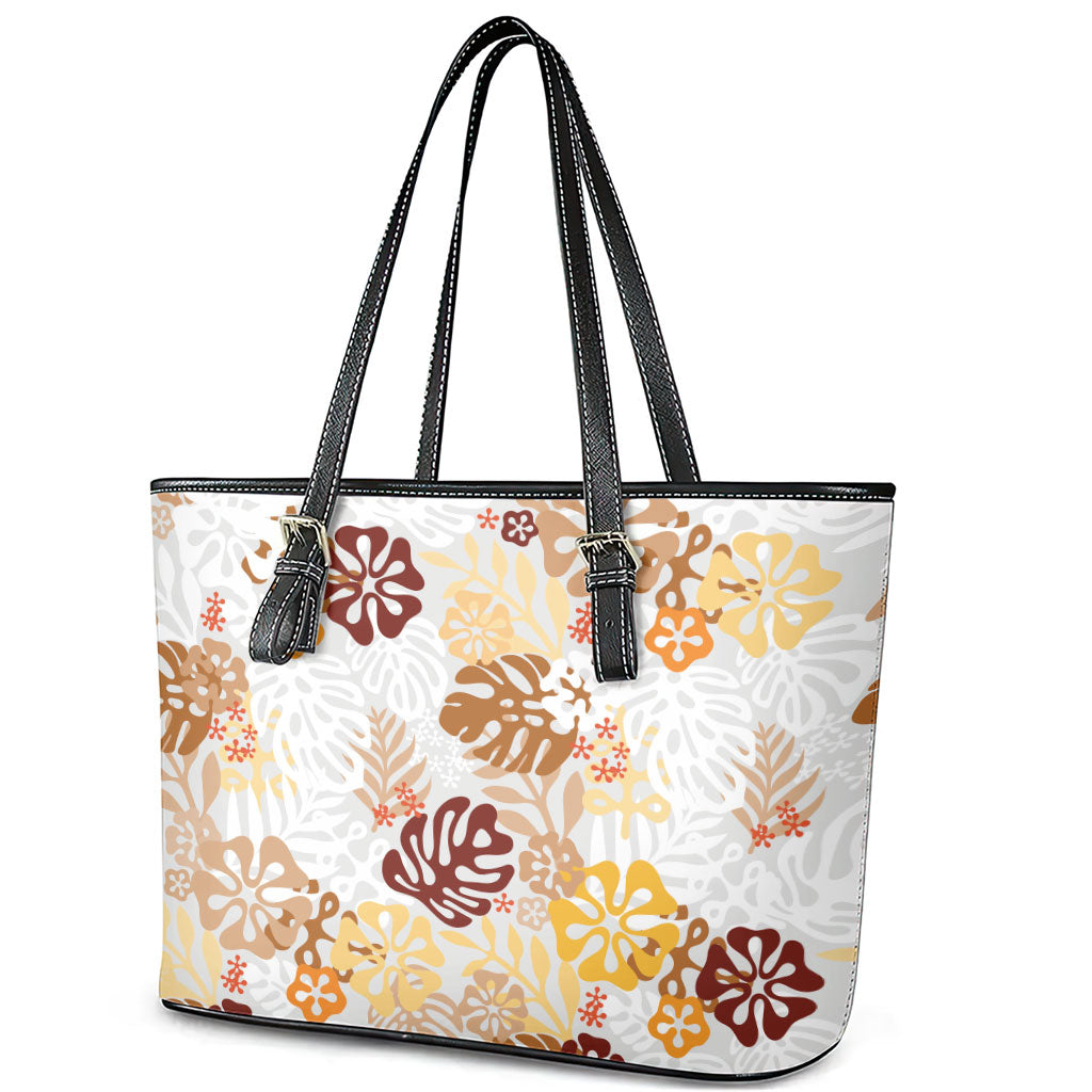 Brown Aloha Hawaiian Leather Tote Bag Monstera Hibiscus Tropical Pattern