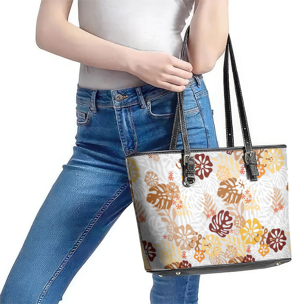 Brown Aloha Hawaiian Leather Tote Bag Monstera Hibiscus Tropical Pattern