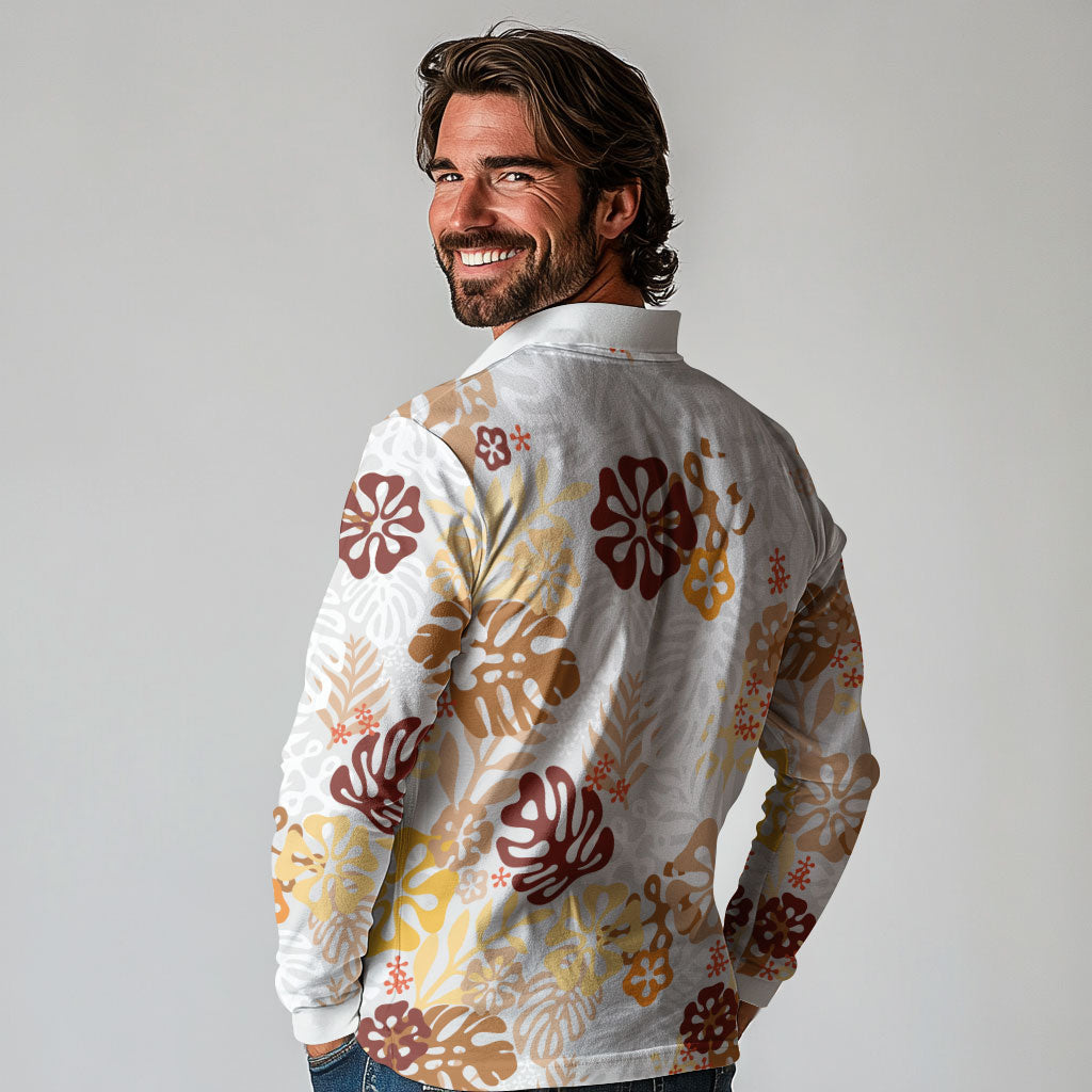 Brown Aloha Hawaiian Long Sleeve Polo Shirt Monstera Hibiscus Tropical Pattern