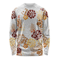 Brown Aloha Hawaiian Long Sleeve Shirt Monstera Hibiscus Tropical Pattern