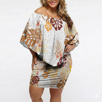 Brown Aloha Hawaiian Off Shoulder Short Dress Monstera Hibiscus Tropical Pattern
