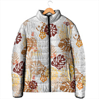 Brown Aloha Hawaiian Padded Jacket Monstera Hibiscus Tropical Pattern