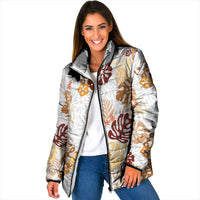 Brown Aloha Hawaiian Padded Jacket Monstera Hibiscus Tropical Pattern