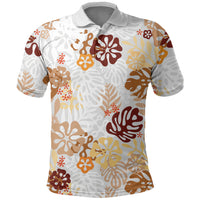 Brown Aloha Hawaiian Polo Shirt Monstera Hibiscus Tropical Pattern