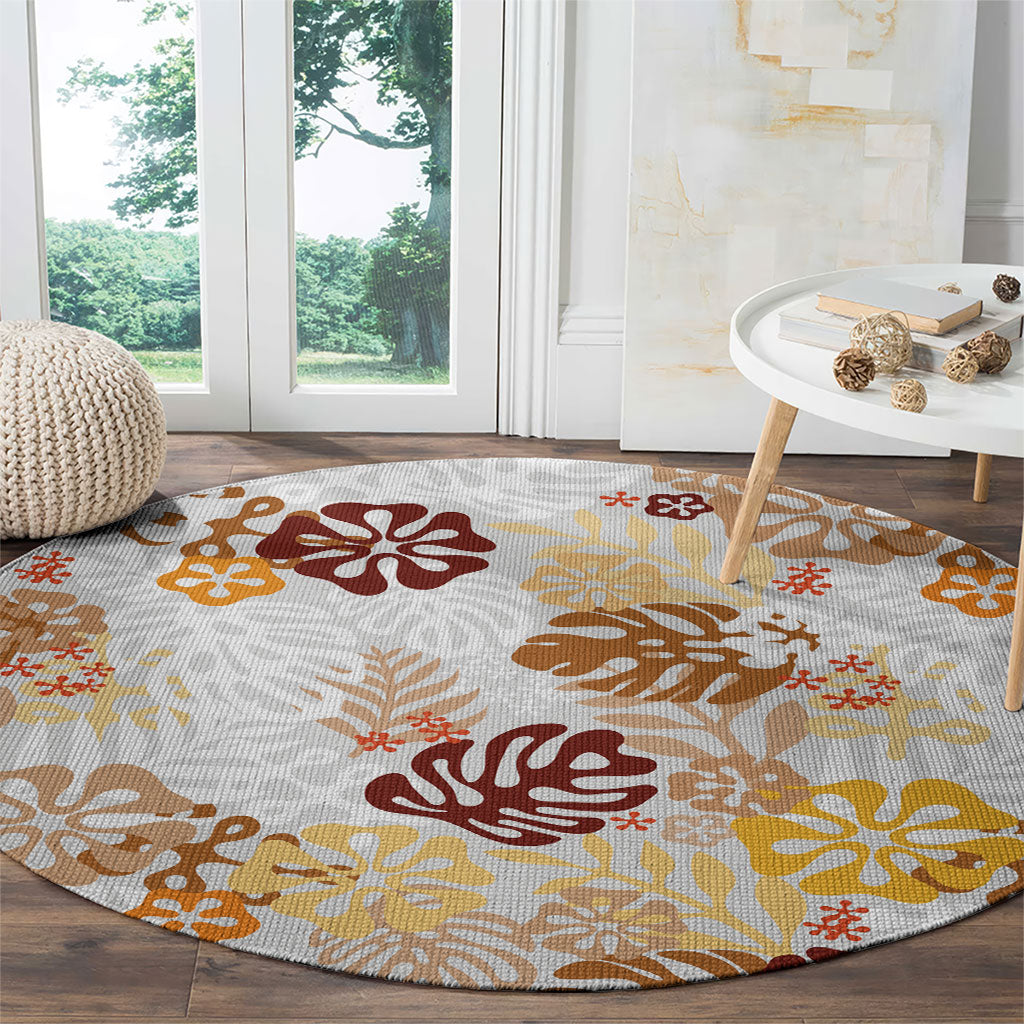 Brown Aloha Hawaiian Round Carpet Monstera Hibiscus Tropical Pattern